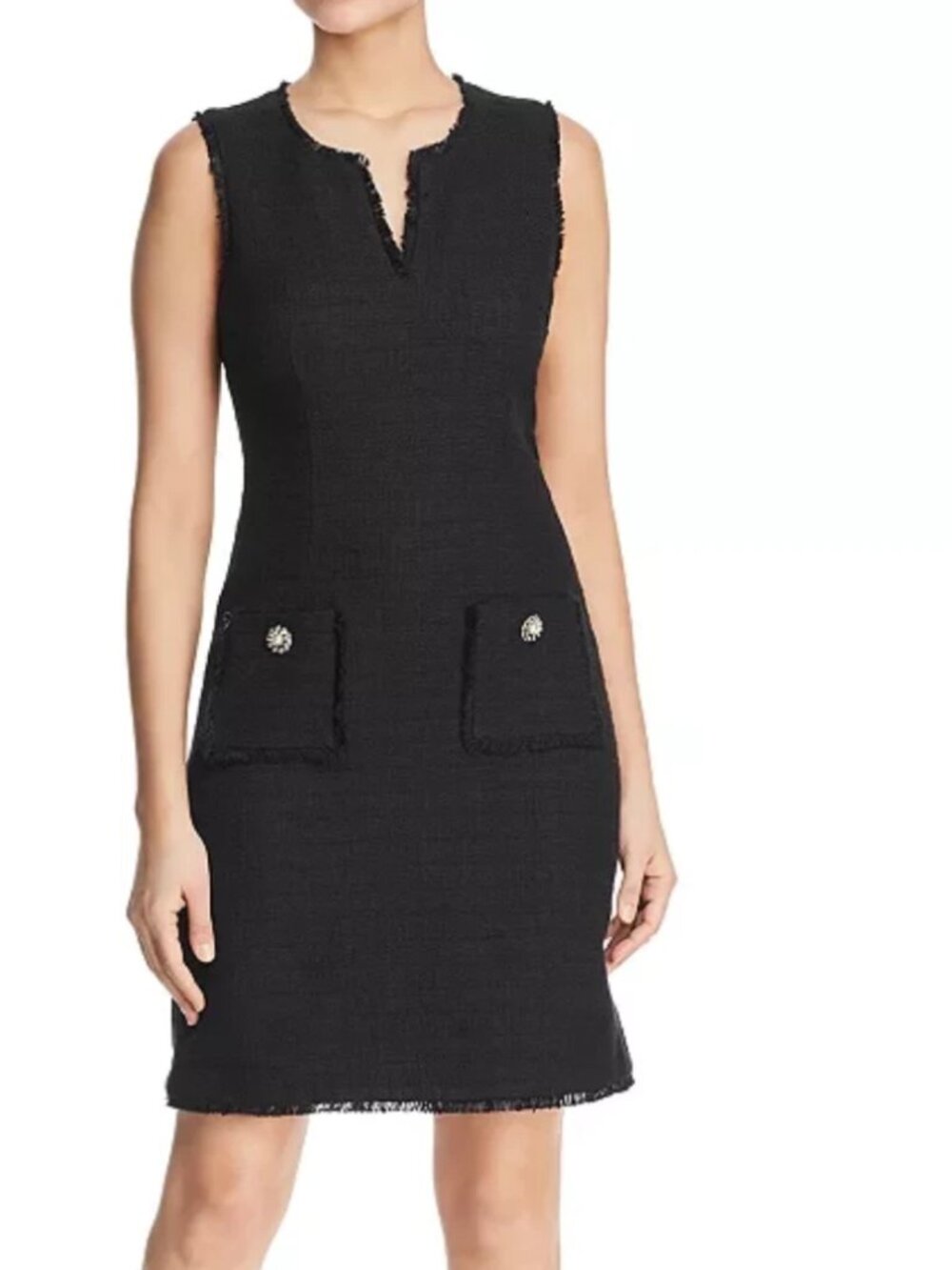Karl Lagerfeld Paris Tweed Shift Dress Black Frayed Trim Sleeveless Size 4